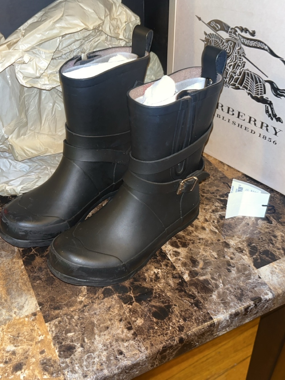 Burberry Matte Black Mid-Calf Rubber Rain Boots with Buckle Size 11.5 USA kids